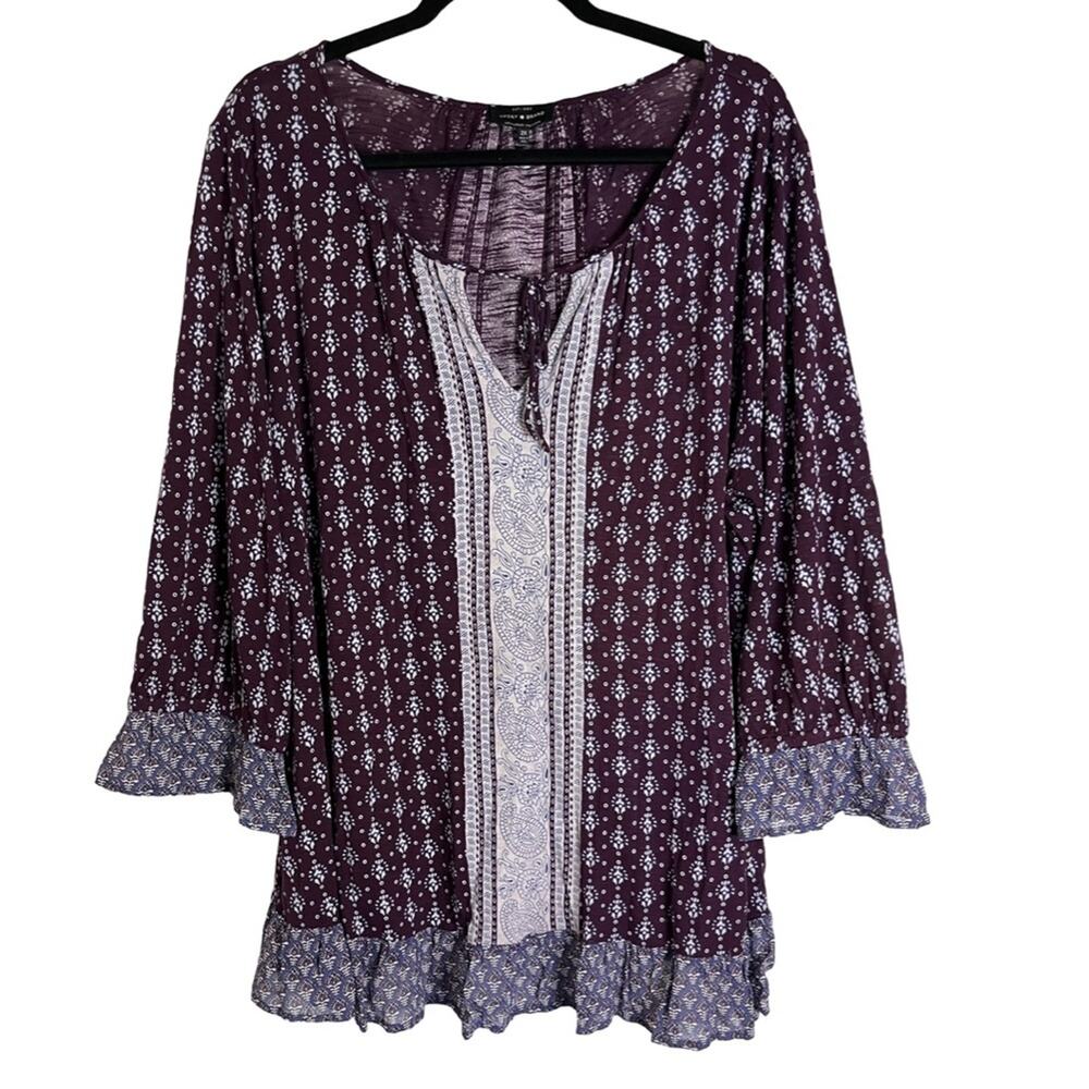 Lucky Brand Maroon Boho Floral Print Ruffle Top Size: 2X